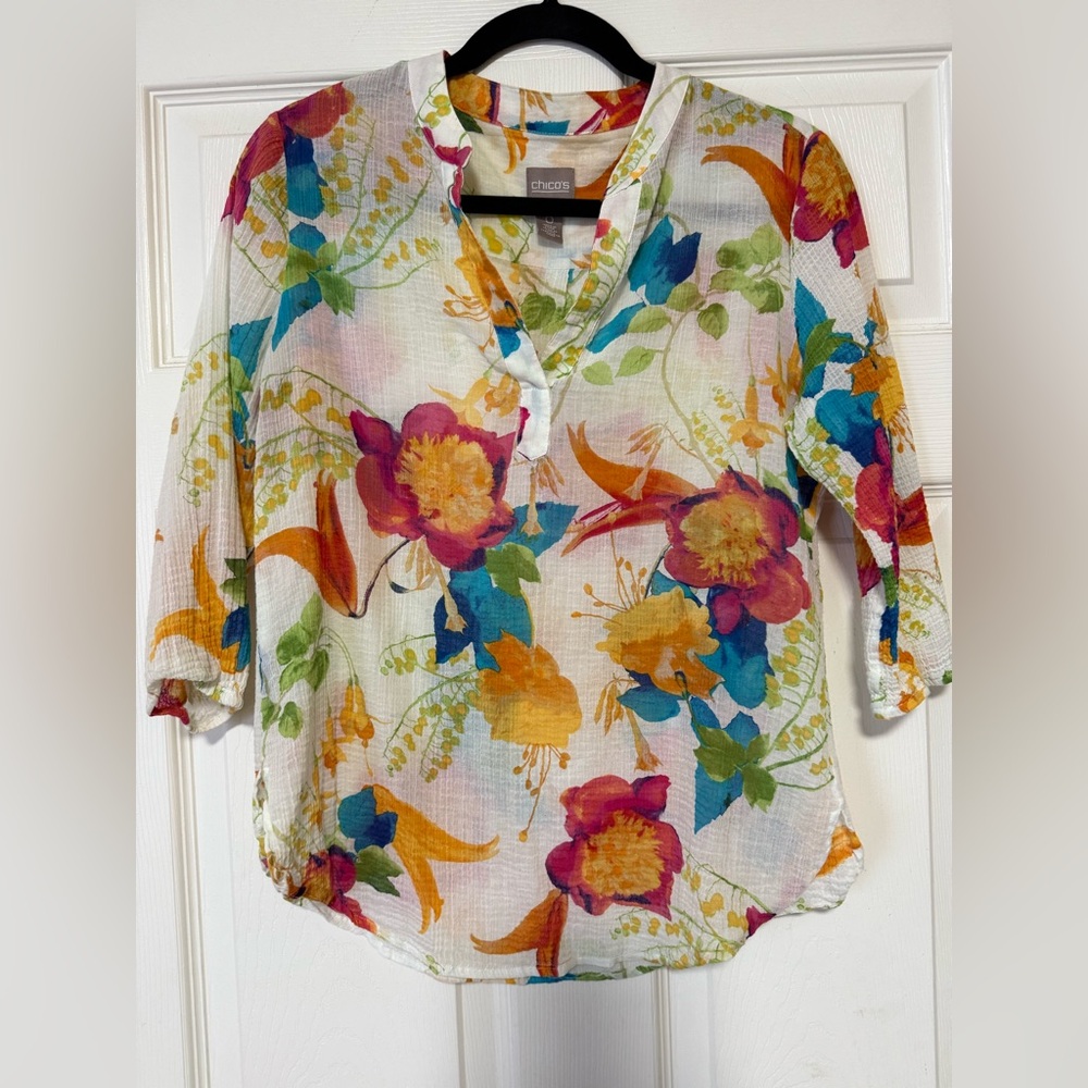 Chico's Women's Floral 3/4 Sleeves Top - Multicolor Size S